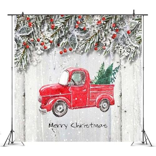 Mocsicka Merry Christmas Backdrop Red Truck Snowy Winter Retro Car Photography Background Forest Snow Scene Photo Booth Prop