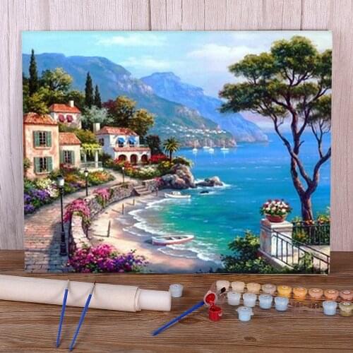 Landscape Town Seaside Paint By Numbers Package Oil Paints 50*70 Canvas Pictures Wall Paintings For Kids Handicraft Wholesale