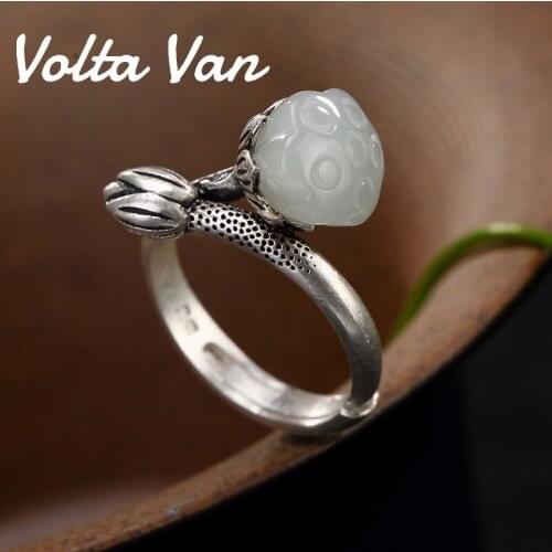 Volta Van 2021 New 990 Silver Rings Jade Vintage Jewelry Elegant Lotus Flowers Concise Women Opening Silver Rings Anniversary