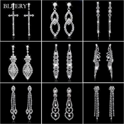 BLIJERY Sparking Silver Color Rhinestone Crystal Long Wedding Earrings for Women Brides Drop Dangle Earrings Prom Party Jewelry