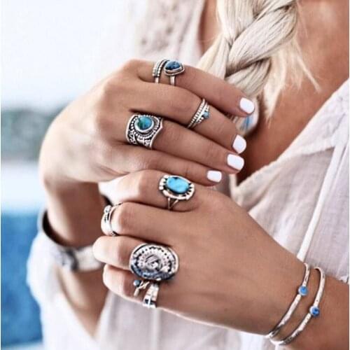 Fashion Carved Inlaid Gemstone Joint Ring 8 Pcs/Set