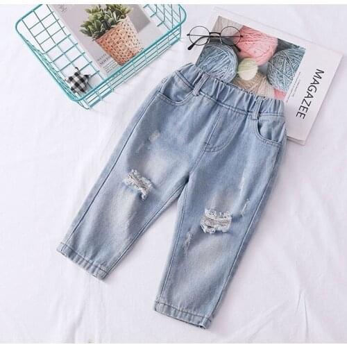 Unisex Jeans Fashion Korean Casual Ripped Pants For Girls Newborn Baby Boy Spring Autumn Trousers Elastic Waist Kids Denim Pants