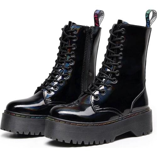 Fashion Round Head Rainbow 10-hole Side Zipper Laser Ankle Boots Increase Lace-up Womens Boots Rub Red Leather Motorcycle Boots