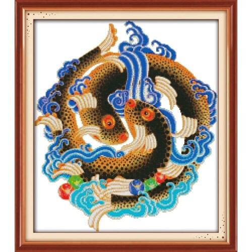NKF The Eight Auspicious Fish Cross Stitch Kits Embroidery Needlework Set 11CT 14CT Chinese Cross Stitch Pattern for Home Decor