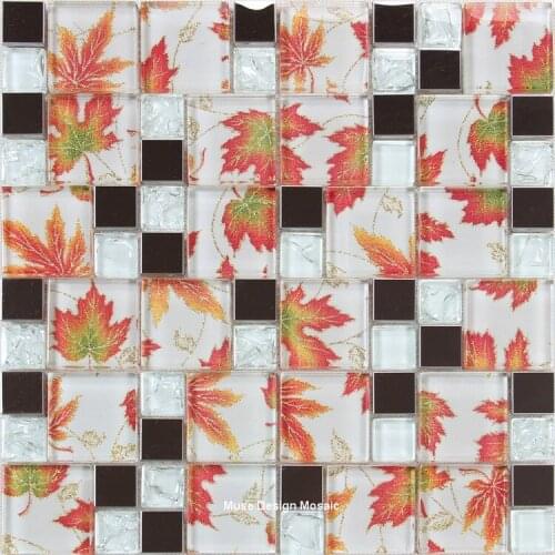 2017 New ! Red Maple Leaf Art Painted glossy glass mixed metal mosaic tiles kitchen back splash mosaic bathroom shower 12x12"