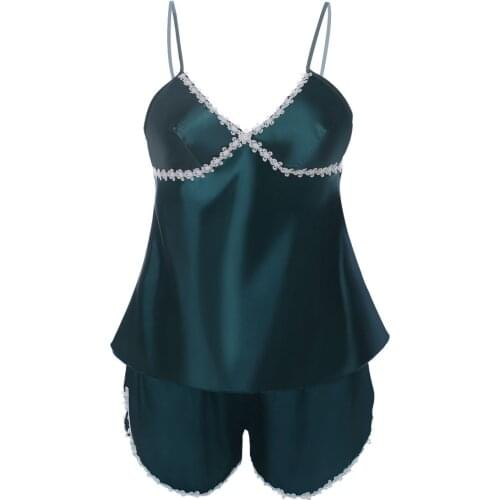 New embroidered lace breast pad silk satin suspender shorts Pajama suit womens sportswear home wear
