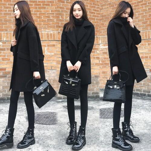 Casual Long Black Coats Single Button Jackets Plus Size Coat Korea Fashion Autumn Winter Woolen Coat Turn-Down Collar Loose