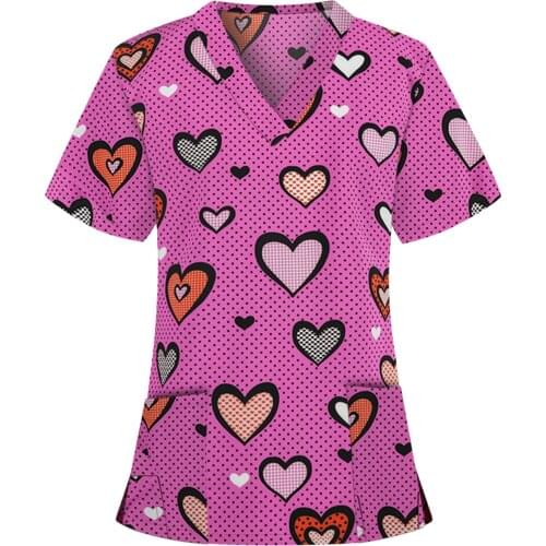 Working Nurse Uniform Tops Heart Print Short Sleeve V Neck Nursing Blouse for Women 2021 New Fashion Clothes Mukoti Yunifomu