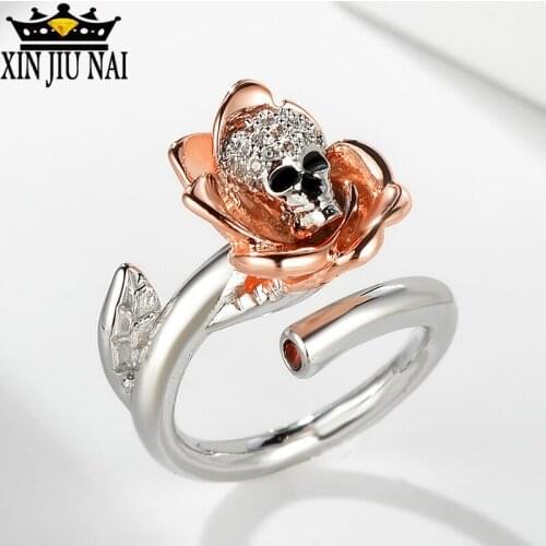 Adjustment Skull Rock punk Rings For Women Adjustable Medium Rose Flower Ring Female Cubic Zirconia Fashion Jewelry Dropshipping