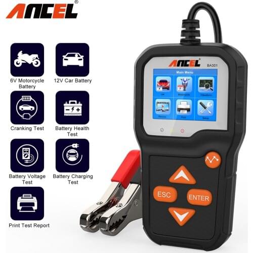 ANCEL BA301 12V Car Battery Tester 12V 100 to 2000 CCA For Motorcycle For Car Battery Health Cranking Charging Battery Test Tool