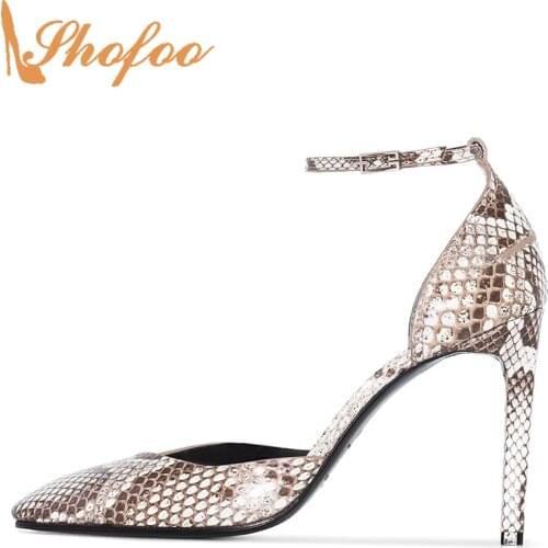Snake Skin Round Toe High Thin Heels Pumps Woman Ankle Strap Buckle Large Size 12 15 Ladies Fashion Office Mature Shoes Shofoo