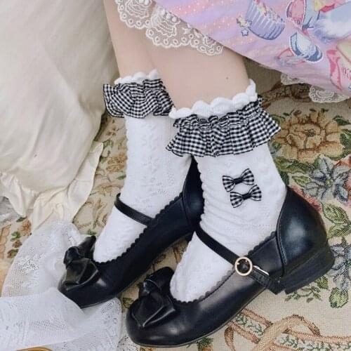 Spring and Summer Plaid Lace Bubble Mouth Jk Socks Lace Bow Cotton Sweet Cool Lolita Student Girl Socks