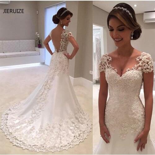JIERUIZE Vintage Lace Appliques Mermaid Wedding Dresses 2019 Short Sleeves Backless Bridal Dresses Wedding Gowns robe de mariee
