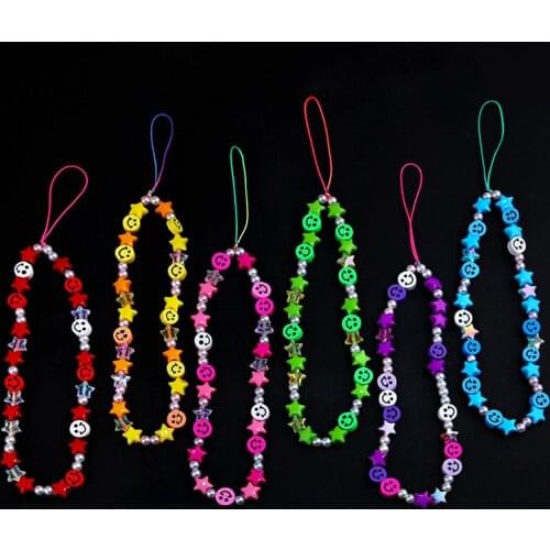 Star Smiling Face Mobile Phone Chain Key Chain Bijoux Bead Charm Strap Bracelet Telephone Lanyard Collares Jewelry Women