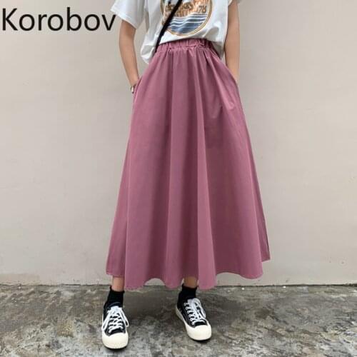 Korobov High Waist Hip A Line Skirt Women Summer 2020 New Retro Loose Solid Jupe Femme Wild Pocket Design Faldas Mujer