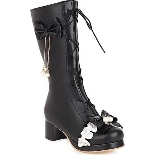 Bowknot Pearl Metal Tassel Mid-Calf Boots Thick Heel Platform Lace Cross Straps Lace-Up Side Zipper Women’S Boots
