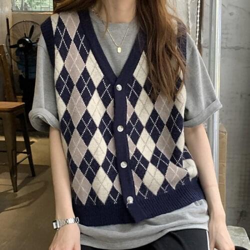 Korean Argyle V Neck Sweater Vest Women Autumn Winter Single-breasted Knitted Vest for Women Sleeveless Jacket gilet femme