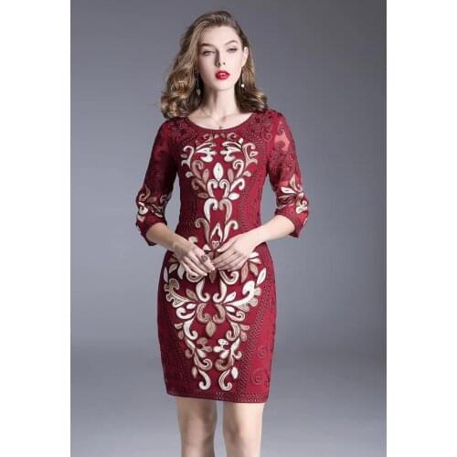 Vantage 4 Colors Mesh Round Neck Three Quarter Sequin Floral Embroidery Sheath Chiffon Cheongsam Dress Woman 24110
