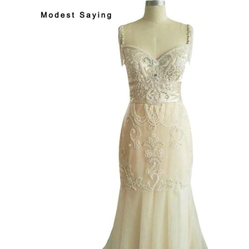 New Arrival Luxury Champagne Mermaid Beaded Wedding Dresses 2018 with Tassel Shoulders Formal Sexy Bridal Gowns vestido de noiva