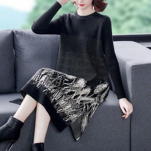 Winter Warm Knitted Dress for Women Long Sleeves Knee-length Vintage Floral Printed Dress Autumn O-neck Sweater Dress