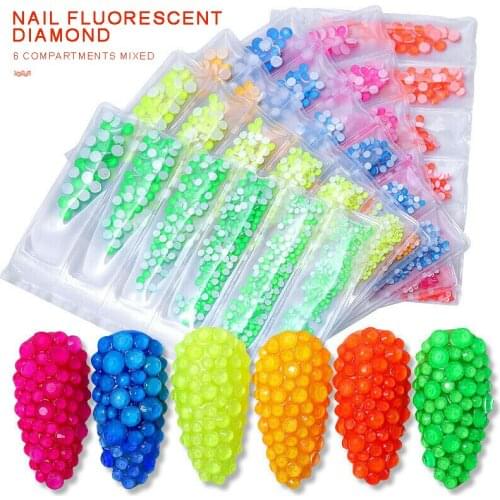 6 Grids Neon Rhinestones Gems Mixed Size Nail Art 3D Diamond Decor False Acrylic Tips UV Gel Nail Cell Phone Decoration