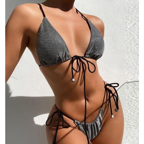 80% Hot Sales!! Bikini Set Bandage Shinny Two Piece Set Swimwear Women Sexy Spaghetti Straps Bra G-string Swimsuit for Summer
