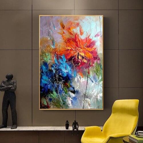 Abstract Watercolour Blue Orange Flower Oil Painting On Canvas Poster And Print Picture Wall Art Cuadros Home Room Decoration