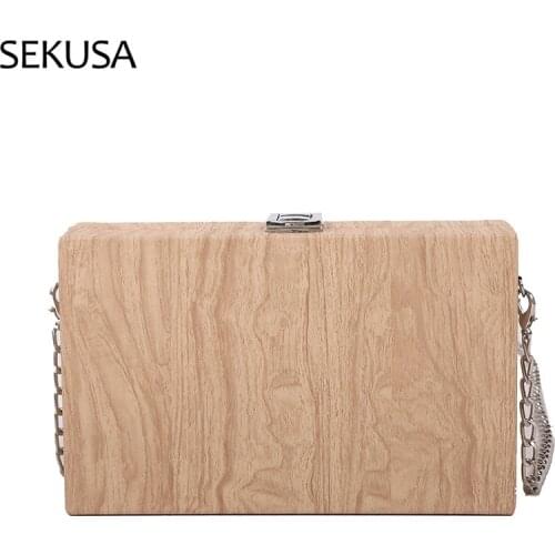 Wood Fashion Women Evening Bags Party Lovely Vintage Lock Chain Shoulder Day Clutch 2021 New Design Handbags