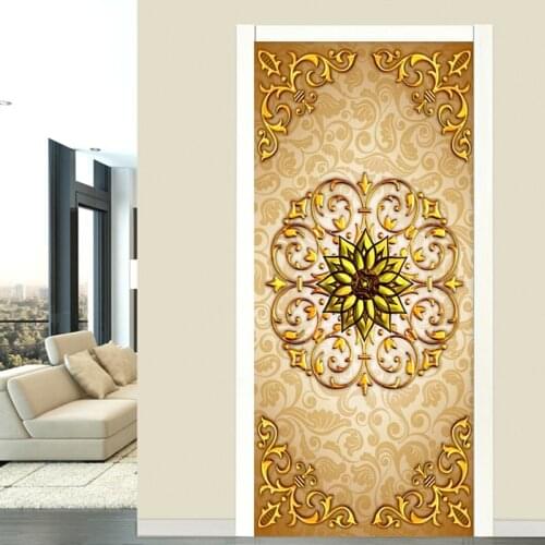European Style Luxury Flowers Wallpaper Living Room Hotel Door Sticker PVC Self-Adhesive Waterproof Door Poster Wall Sticker 3 D