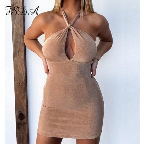 FSDA 2021 Summer Bodycon Dress Women Halter Neck Backless Hollow Out Fashion Sexy Green Mini Party Sleeveless Dresses Khaki