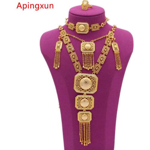 PINXUN Dubai Gold Color Necklace&Bracelet&Ring&Earring Jewelry Set For Women African Ethiopia Bridal Wedding Party Gifts Round