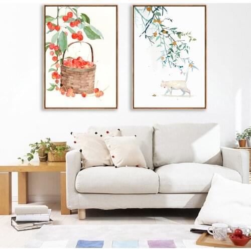 Cat and Cherry Living Room Decoration Canvas Painting Nordic Simple Hotel Clubhouse Oil Painting Modern Home Decor Animal Print