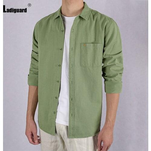 Long Sleeve Men Elegant Leisure Casual Blouse Single-Breasted Tops with Pocket 2021 Spring Autumn Shirt blusas Plus Size S-3XL