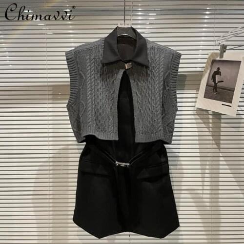 2021 New Fall Womens Clothing Knitted Shawl Vest Sleeveless High-waist Slim Vest Dress Suit Dress Elegant Outfit Feminine