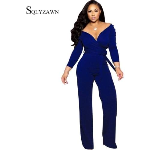 Solid Elegant Jumpsuit Women Sexy V-neck Wide Leg Bodycon Jumpsuit Autumn Ruched Long Romper wth Belt Female Winter Overalls