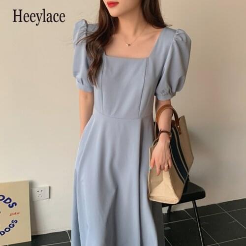 Office Ladies Dresses Puff Sleeve Solid Elegant Vintage A-line Robes Femme Korean Square Neck 2021 Vestidos Dress Fashion