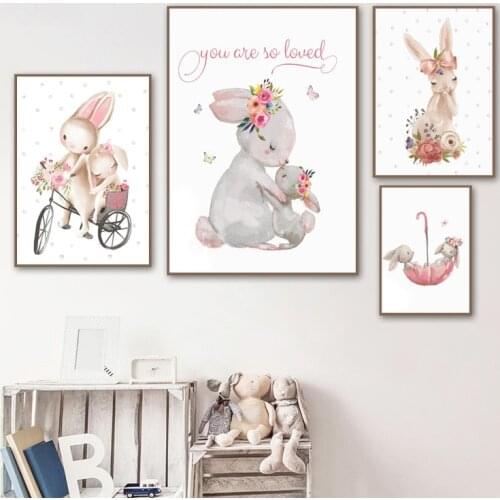 Nordic Cartoon Rabbit Riding Bicycle Decoration Canvas Painting Bedroom Hanging Painting Creative Children Room Rabbit Princess