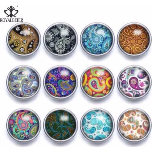 12pcs/lot Glass Charms 12mm Snap Button Paisley Theme Mixed Pattern Fit Snap Bracelet 12mm Snap Earrings Snap Jewelry KZ0946