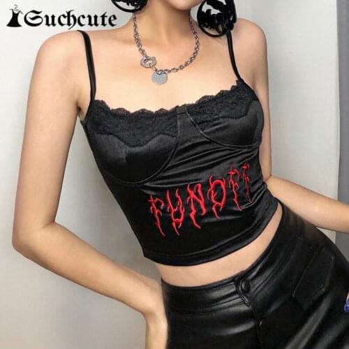 SUCHCUTE Letter Print Crop Tops For Women Streetwear Lace Trim Goth Aesthetic Female Camisole Summer Fashion Punk Style Tops