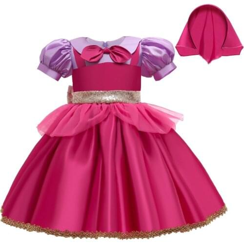 2-10 Yrs Girl Cosplay Costumes Rose Red Lace Princess Dress Kid Halloween Cosplay Party Vestidos New Year Fancy Costume With Hat