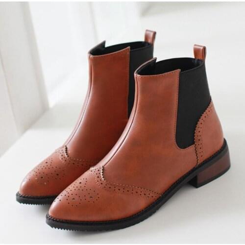 43 big size fretwork leather boots women pointed toe coutout brogue winter boots chunky heel elastic band ankle botas mujer 527