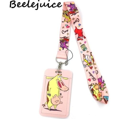 12sets Pink Chicken and cows Lanyard Credit Card ID Holder Bag Student Women Travel Card Cover Badge Car Keychain Accessories