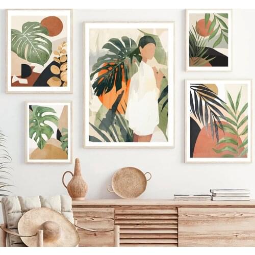 Abstract Monstera Sun Woman Plant Boho Wall Art Canvas Painting Nordic Posters And Prints Wall Pictures For Living Room Decor