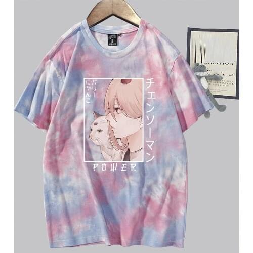 Hot Chainsaw Man Anime T-shirt Funny Power Cat Tees Women Aesthetic Tie Dye Clothes Summer Tops Female