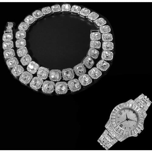 12.5MM 2pcs Kit Prong Micro Pave Cubic Zircon Alloy Hip Hop Tennis Chain Necklace +Watch+Bracelet Bling For Men Women Jewelry