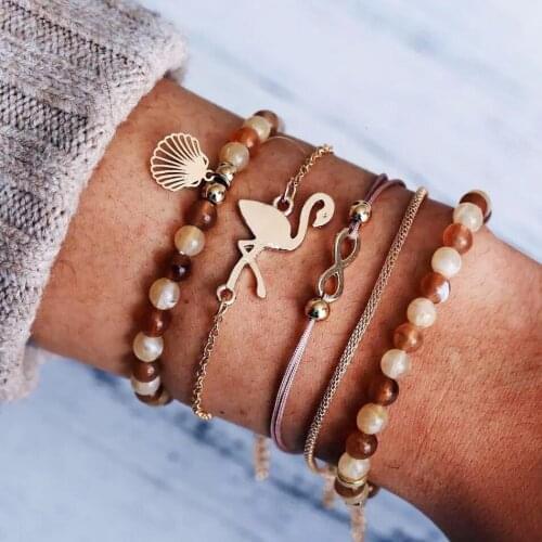 Fashion Boho Charm Chain Bead Bracelets Set Woman Gold Shell Flamingos Geometric Hollow Circle Cuff Link Bracelet Female Jewelry