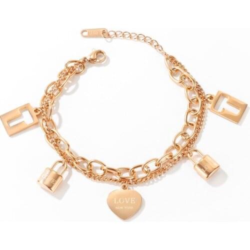 Fashion rose gold heart lock love bracelets for women charms kpop stainless steel Double layer chain cuff jewelry accessories