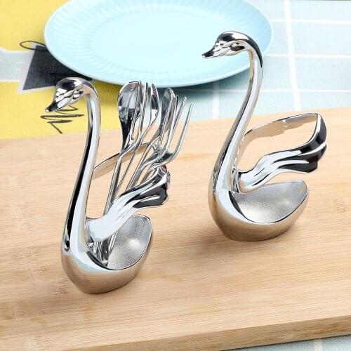 With 3 Forks & 3 ladles Tableware Fruit Forks Set Salad Dessert Forks Spoon Coffee Cake Tools Zinc Alloy Swan Base Holder