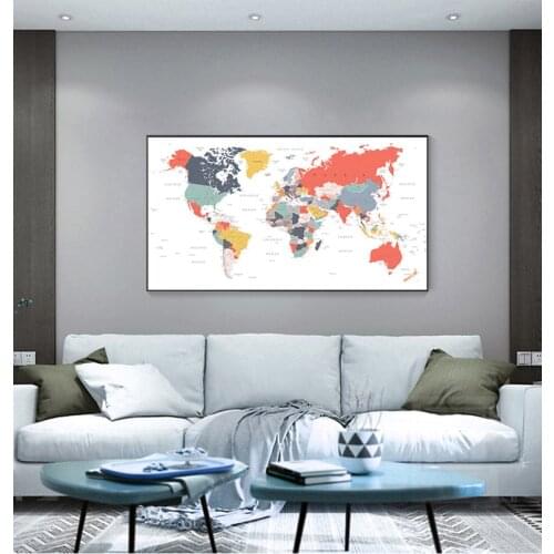 Teal Pink Wall Picture for Living Room Home Decor World Map Poster Print Happy Colors Wall Art Canvas Painting Coral Blue Yellow