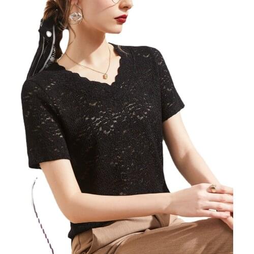 Summer 2021 New Womens Short-sleeved Lace Shirt Womens Bottom Shirt Foreign Gas Shirt Loose V-neck T-shirt Womens Lace Top